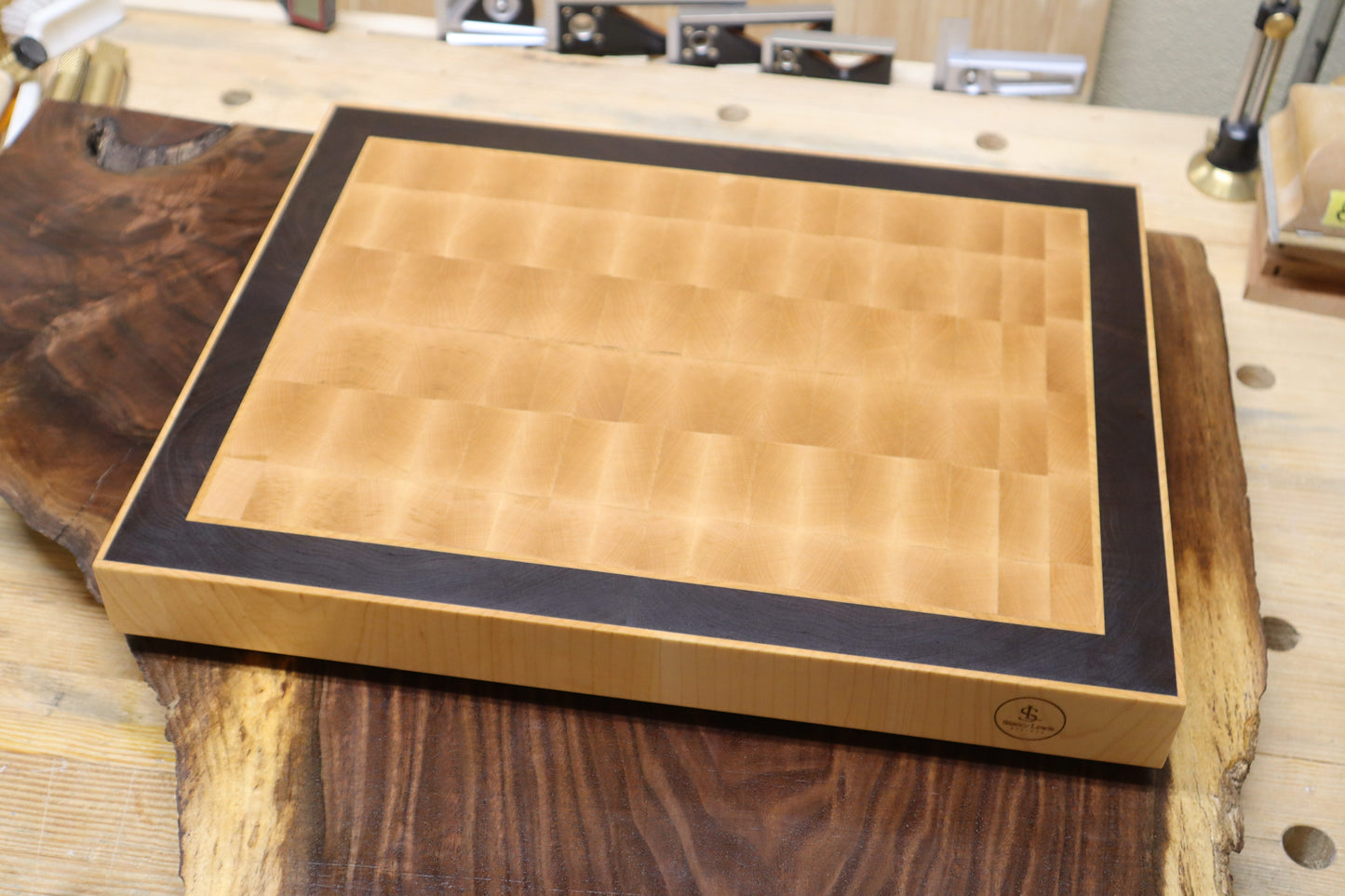 End Grain Maple and Walnut Cutting Board with End Grain Maple Strips